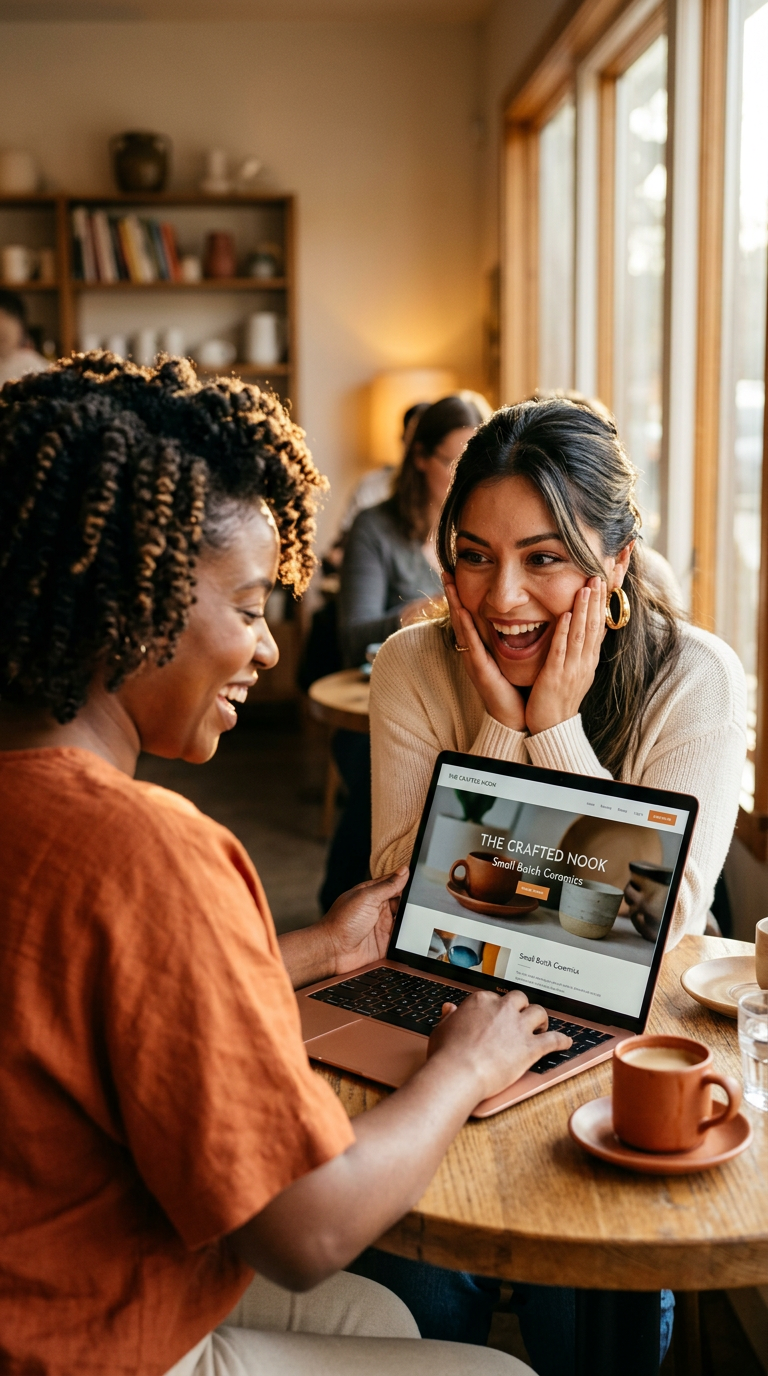 Two people smiling at a laptop showing a finished one-page website
